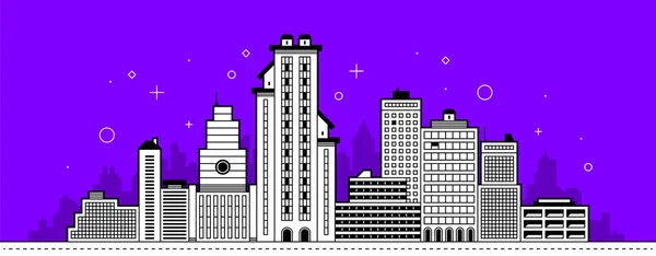 Ilustracja nowoczesnego miasta. Wieże i budynków w stylu konspektu na jasnym tle purpurowy — Wektor stockowy