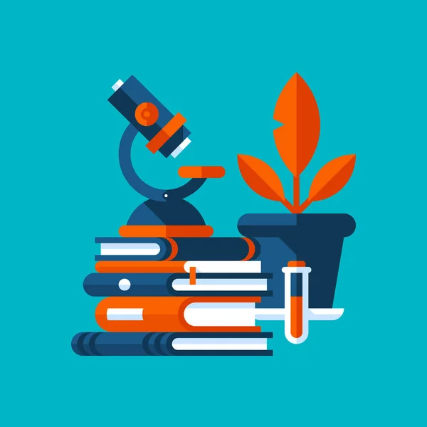 Színes illusztráció a modern lapos stílusú biológiájával kapcsolatban. Főiskolai tárgy ikonra ciánkék a háttér. Könyvek, Mikroszkóp, a pot a növény. — Stock Vector