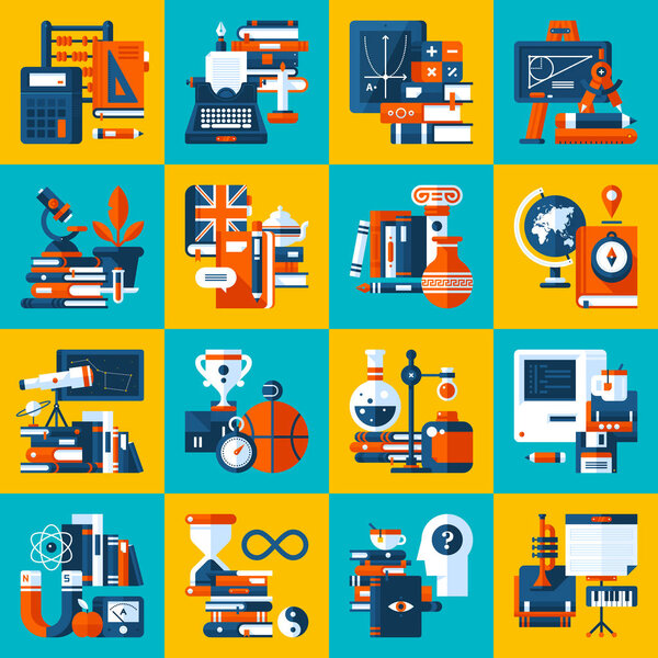 Big set of icons about education and college subjects. Modern flat style. Colorful illustrations.