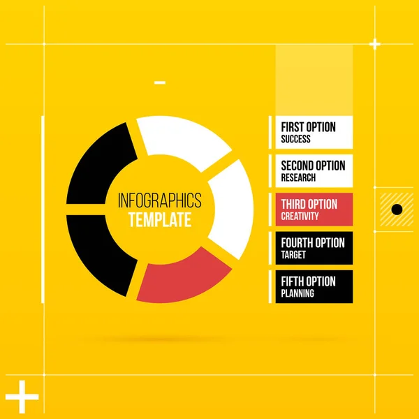 Modelo de infográficos de torta com cinco segmentos em estilo oi-tech colorido em fundo amarelo brilhante — Vetor de Stock