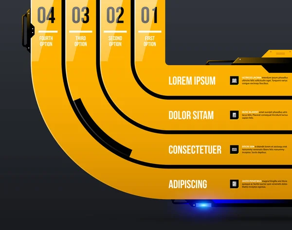 Szablon wykresu z cztery okrągłe pasy w stylu żółty techno przemysłowych na ciemnoszarym tle — Wektor stockowy