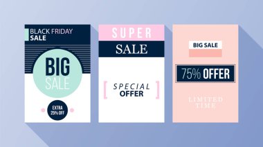 Üç dikey Black Friday afiş/poster yumuşak renkleri mavi arka plan üzerinde düz stil