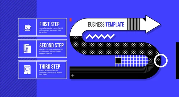 Διάταξη βέλος με το τρία βήματα σε φανταχτερό εταιρικό ύφος στο φωτεινό μπλε φόντο. — Διανυσματικό Αρχείο