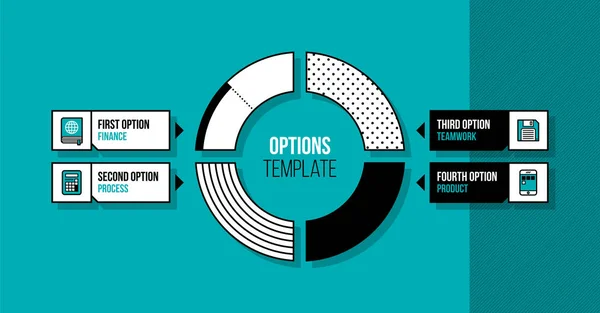 Pie chart infographics template with four segments in fancy geometric style on bright turquoise background — Stock Vector