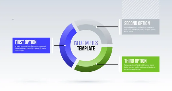 Horizontale taart infographics sjabloon met drie segmenten in schone zakelijke stijl op witte achtergrond — Stockvector
