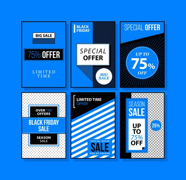 Set van zes Black Friday banners/posters in zwarte en blauwe stijl op lichte achtergrond — Stockvector