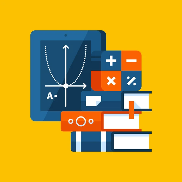 Ilustração colorida sobre álgebra em estilo plano moderno. Ícone de assunto da faculdade no fundo amarelo. Livros, símbolos matemáticos, tablet . — Vetor de Stock