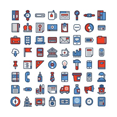 İş ve beyaz arka plan üzerinde office simgeler kümesi.