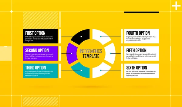 Modelo de infográficos de torta horizontal com seis segmentos no colorido estilo oi-tech no fundo amarelo brilhante — Vetor de Stock