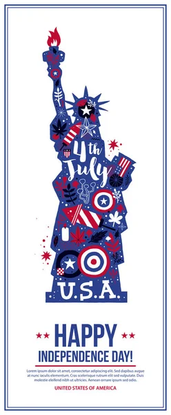 4 July Independence Day banner template with illustration of Statue of Liberty. Patriotic symbols and abstract elements. Modern hand drawn illustration style. — Stock Vector