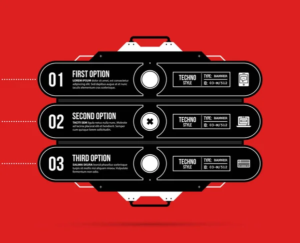 Hi-tech template with three options in black and red techno style on flat vibrant background — Stock Vector