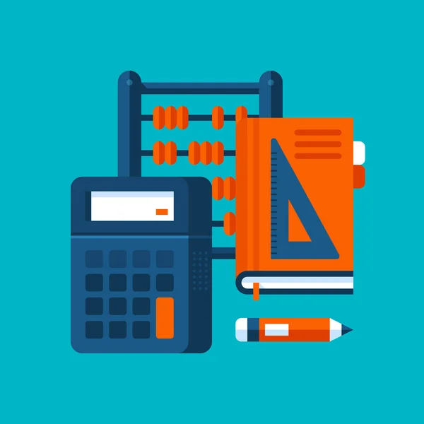 Ilustração colorida sobre matemática em estilo plano moderno. Ícone de assunto da faculdade sobre fundo ciano. Calculadora, livro e ábaco de madeira . — Vetor de Stock