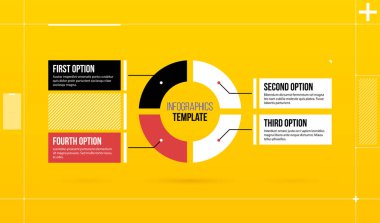 Yatay pasta infographics şablonu parlak sarı arka plan üzerinde renkli yüksek teknoloji tarzında dört parçalarla