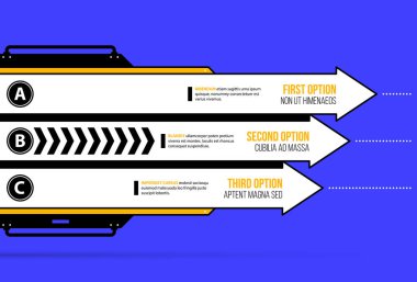 Vektör grafik. Koyu mavi zemin üzerine geometrik sanayi/techno tarzı seçenekleri ile üç yatay ok