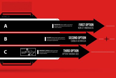 Vektör grafik. Düz canlı arka plan üzerinde siyah ve kırmızı techno tarzı seçenekleri ile üç yatay ok