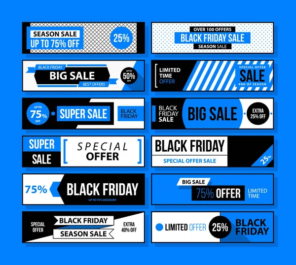 Grote set van Black Friday webbanners in zwarte en blauwe stijl op lichte achtergrond — Stockvector