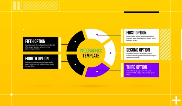 Plantilla de infografías de pastel horizontal con cinco segmentos en estilo de alta tecnología colorido sobre fondo amarillo brillante — Archivo Imágenes Vectoriales