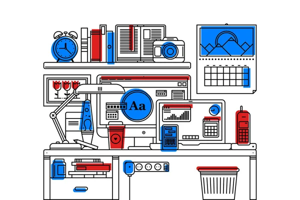 Illustratie van creatieve office werkruimte interieur in platte Kaderstijl op witte achtergrond. Desktop computer, laptop, houten tafel, Prullenbak, planken met office-hulpprogramma's, kalender aan de muur. — Stockvector