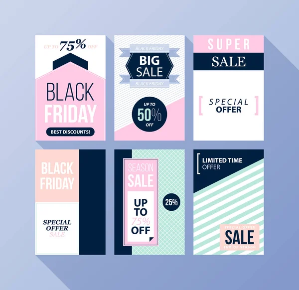 Set van zes Black Friday banners/posters in vlakke stijl op blauwe achtergrond — Stockvector