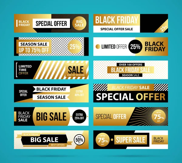 Großes Set von Black Friday Web-Bannern im goldenen Stil auf türkisfarbenem Hintergrund — Stockvektor