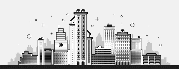 현대 도시 그림입니다. 타워와 흰색 바탕에 검은색과 흰색 윤곽선 스타일 건물 — 스톡 벡터