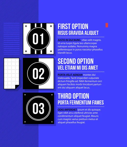 Menu met drie opties in fancy geometrische stijl op heldere blauwe achtergrond — Stockvector