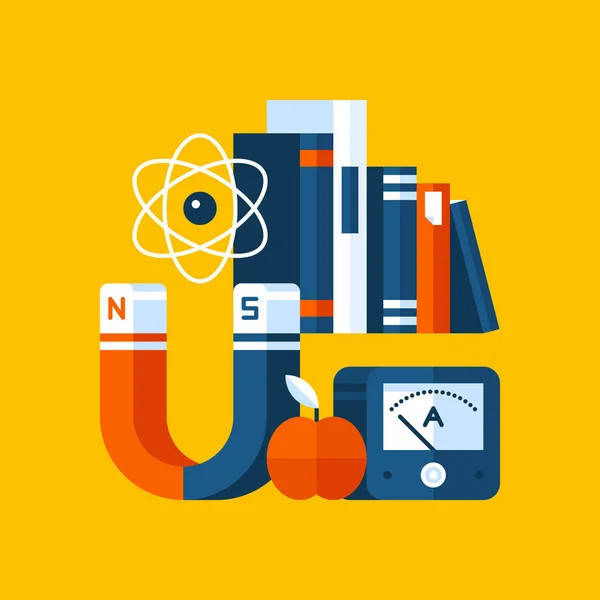 Kleurrijke illustratie over natuurkunde in moderne vlakke stijl. College onderwerp icon op gele achtergrond. Grote magneet met atomaire model, boeken, apple. — Stockvector