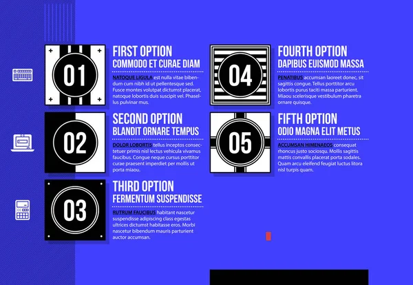 Menu com cinco opções em estilo geométrico fantasia em fundo azul brilhante —  Vetores de Stock