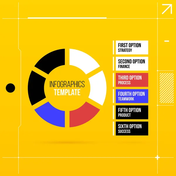 Pie-Infografik-Vorlage mit sechs Segmenten im bunten hallo-tech-Stil auf leuchtend gelbem Hintergrund — Stockvektor