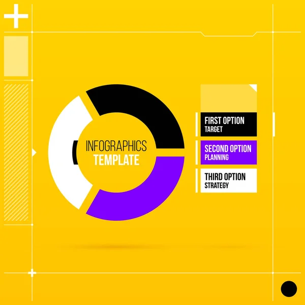 Plantilla de infografías de pastel con tres segmentos en estilo colorido de alta tecnología sobre fondo amarillo brillante — Archivo Imágenes Vectoriales