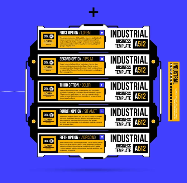 Vijf opties met hi-tech elementen in geometrische industriële/techno stijl op diep blauwe achtergrond — Stockvector