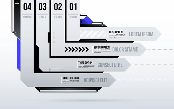 きれいやあ-ローテク/テクノ スタイル白い背景の上に 4 つの方向のストライプ/オプションを持つ未来的なテンプレート — ストックベクタ