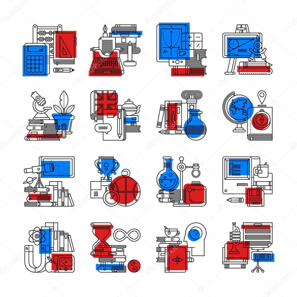Big set of icons about education and college subjects. Modern outline style. Colorful illustrations.