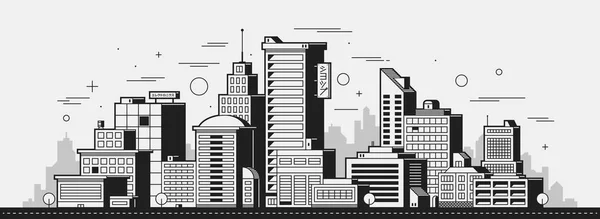 Illustration de ville moderne. Tours et bâtiments de style contour noir et blanc sur fond blanc — Image vectorielle