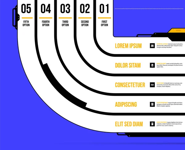 Five options template with round stripes in geometric industrial/techno style on deep blue background — Stock Vector