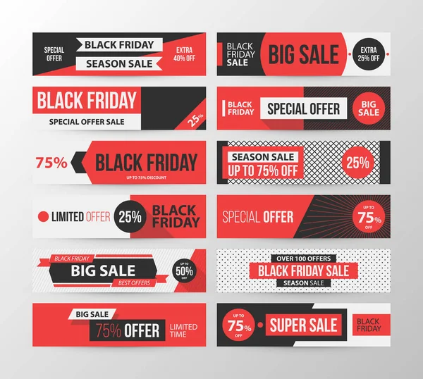 Großes Set von Black Friday Web-Bannern im schwarz-roten Retro-Stil auf grauem Hintergrund — Stockvektor