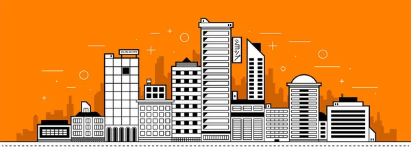 Ilustración moderna de ciudad. Torres y edificios en estilo de contorno sobre fondo naranja brillante — Vector de stock