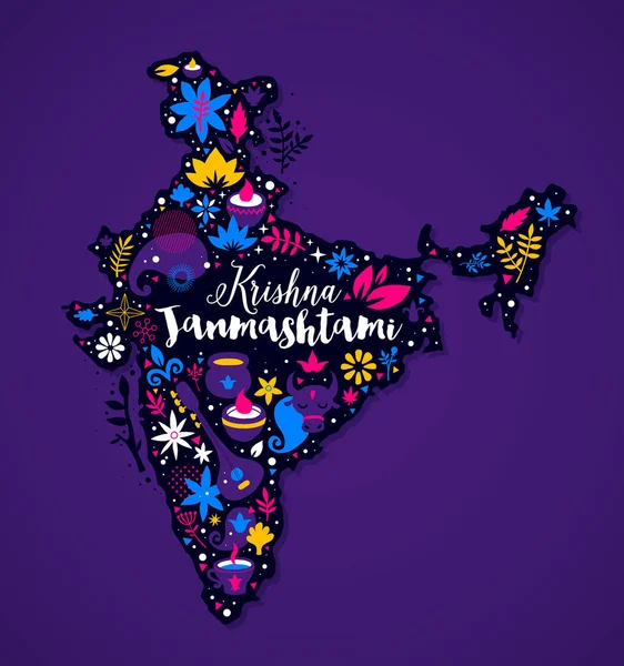 Mapa Indie s abstraktní květinové a národní prvky. Krishna Janmashtami reklama šablona. Užitečné pro plakáty, platební karty a reklama. — Stockový vektor