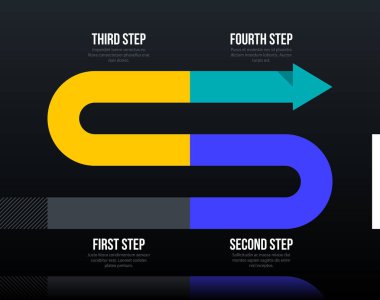 Ok iş düzeni ile zarif kurumsal tarzı dört adımda koyu parlak zemin üzerine.