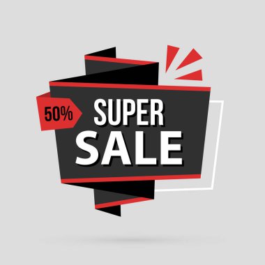 Süper satış banner şablon gri arka plan üzerinde düz origami tarzında