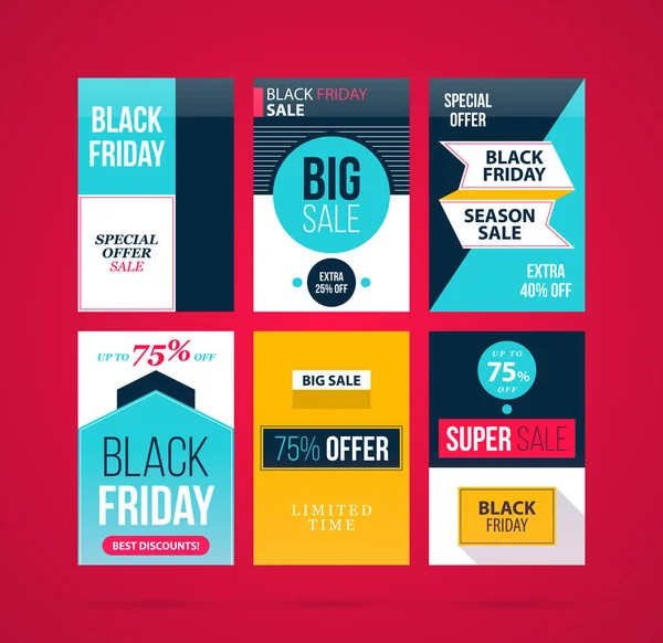 Set van zes Black Friday banners/posters in moderne vlakke stijl op levendige rode achtergrond — Stockvector