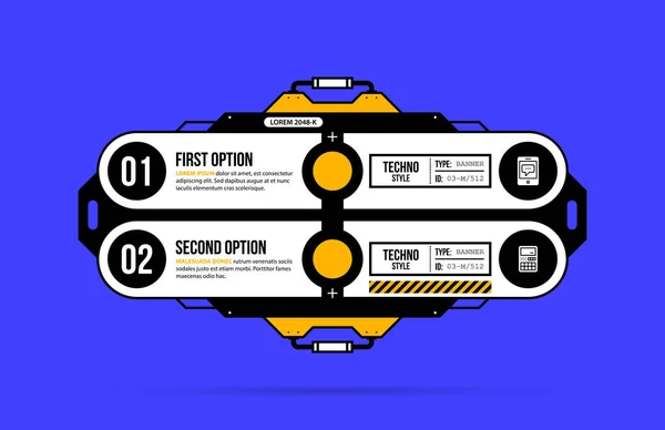 Twee opties sjabloon met hi-tech elementen in geometrische industriële/techno stijl op diep blauwe achtergrond — Stockvector