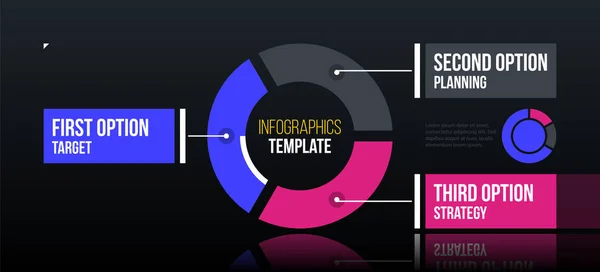 Horizontal pie infographics template with three segments in clean corporate style on black glossy background — Stock Vector