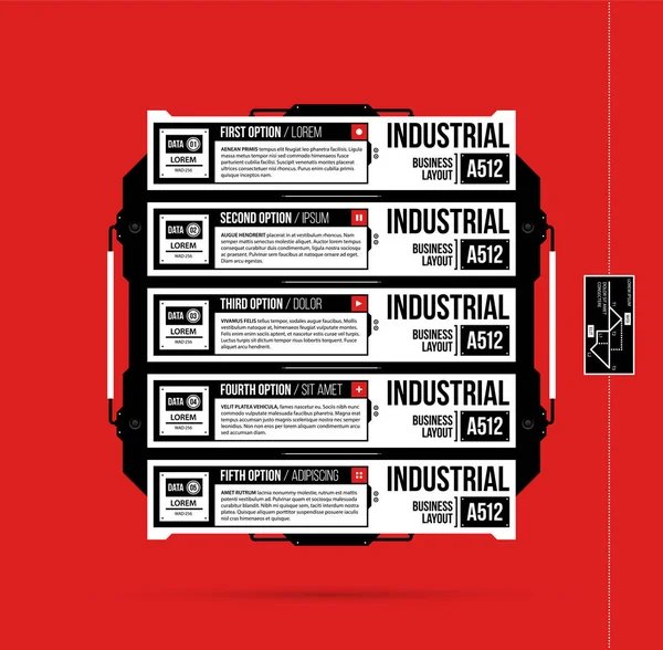 Vier opties sjabloon met hi-tech elementen in zwart en rood techno stijl op vlakke levendige achtergrond — Stockvector