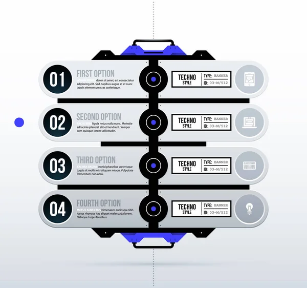 Modèle futuriste avec quatre options dans un style hi-tech / techno propre sur fond blanc — Image vectorielle