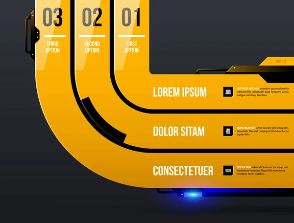 暗い灰色の背景で黄色の工業テクノ スタイルの 3 つのラウンド ストライプのグラフ テンプレート — ストックベクタ