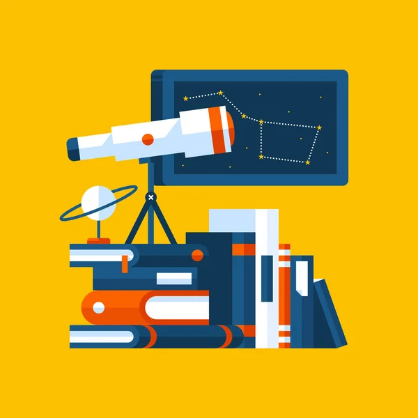 Färgglada illustration om astronomi i modern platt stil. College ämne ikonen på gul bakgrund. Böcker, affisch med konstellation, teleskop. — Stock vektor
