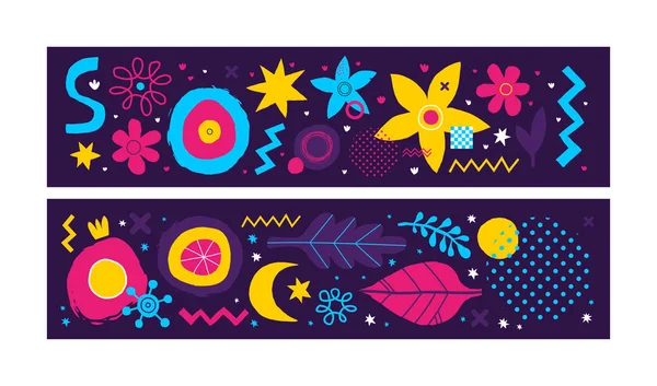 Set of two horizontal banners with abstract hand drawn elements. Useful for advertising and graphic design. — Stock Vector