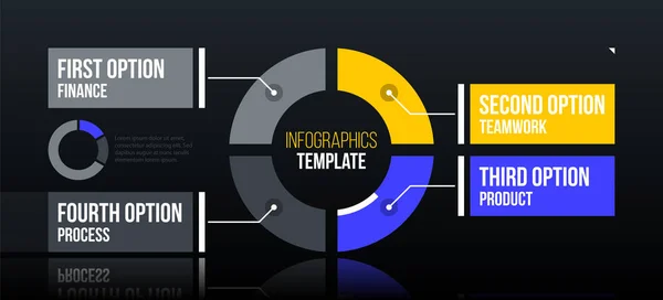 光沢のある黒地にきれいな企業スタイルに 4 つのセグメントを持つ水平円インフォ グラフィック テンプレート — ストックベクタ