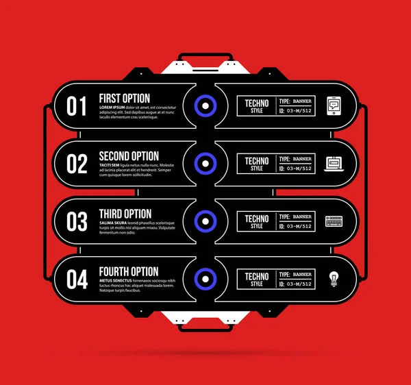 Hi-tech template with four options in black and red techno style on flat vibrant background — Stock Vector